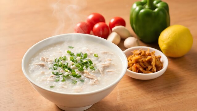 Steaming Chicken Rice Porridge with Fresh Vegetables and Side Dish on Wooden Table