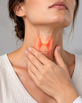 Adult Woman Touching Neck with Thyroid Gland Anatomy Overlay