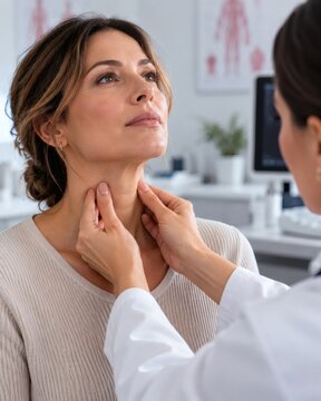 Adult Woman Receiving Thyroid Neck Examination from Female Doctor in Clinic