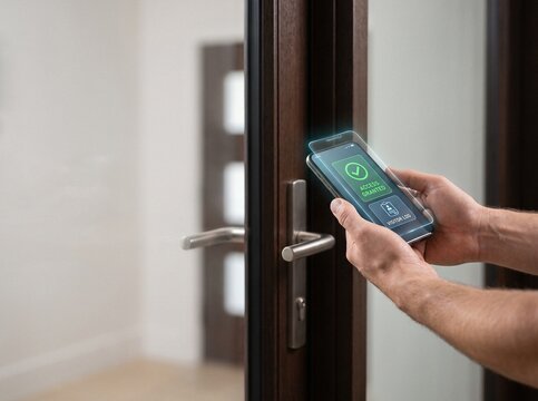 Hands holding smartphone with glowing digital door lock interface showing access granted near front door