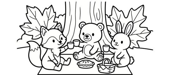 Fototapeta premium Cute cartoon animals having a picnic under a tree with autumn leaves for children coloring page