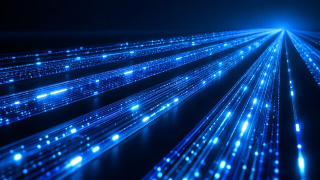 Abstract blue light streaks converge towards a bright vanishing point in a digital landscape