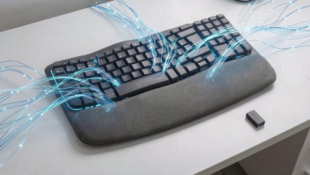 Black ergonomic computer keyboard connected with glowing fiber optic cables