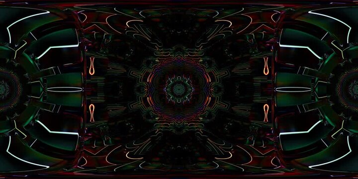 Infinite VR 360 mandala shaped by sacred geometry as an equirectangular environment map, designed for spiritual dome projection, metaverse spaces, kaleidoscopic VJ loops and HDRI spherical map