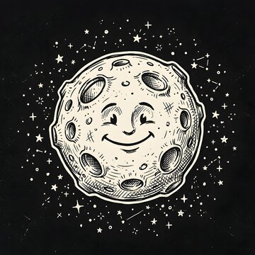 Whimsical black-and-white illustration of a smiling cratered moon surrounded by twinkling stars on a dark background.