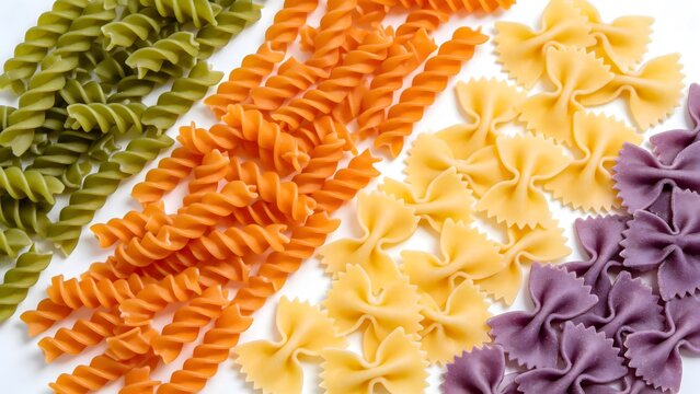 Colorful Uncooked Pasta Varieties on White Background