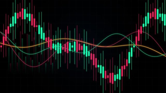 Financial stock market candlestick chart with moving average trend lines on a dark background