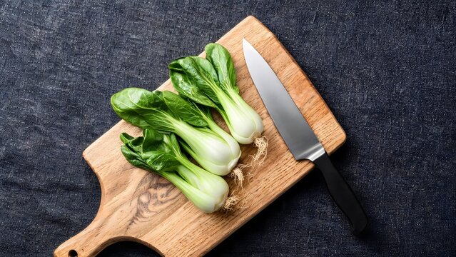 Fresh Bok Choy on Wooden Cutting Board with Kitchen Knife