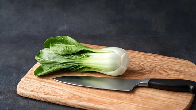 Fresh Bok Choy and Kitchen Knife on Wooden Cutting Board