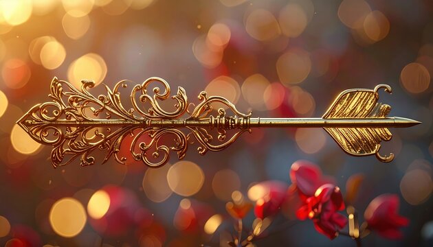 Gold filigree arrow with romantic Valentines Day love symbolism