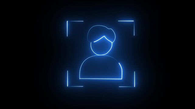 Glowing blue neon user profile icon with digital face recognition frame on a dark black background