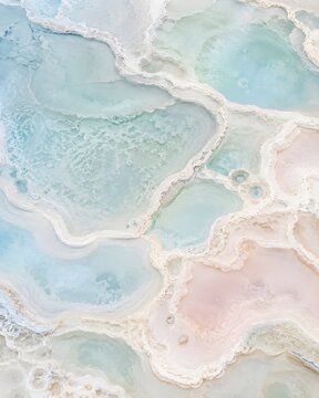 Aerial view of thermal travertine pools, turquoise mineral water in white limestone terraces, natural hot springs landscape with pastel colors
