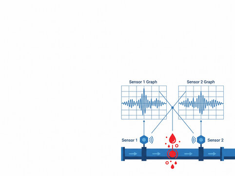 Flat vector infographic of acoustic correlation graph for water leak pinpointing with copy space