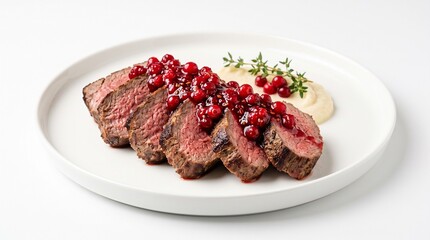 Fototapeta premium Sliced medium rare reindeer roast with lingonberry jam on modern Nordic white porcelain isolated on white background