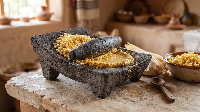 Hand Grinding Corn Masa Dough on Volcanic Basalt Metate