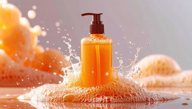 Plastic foam pump bottle filled with orange liquid for cosmetic packaging