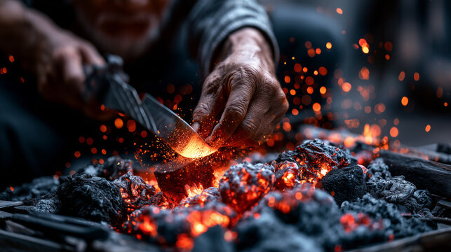 AI generator images of Ancient swordsmith forging traditional Thai sword in a charcoal-fired workshop, glowing steel, sparks flying, master craftsmanship, cultural heritage weapon making