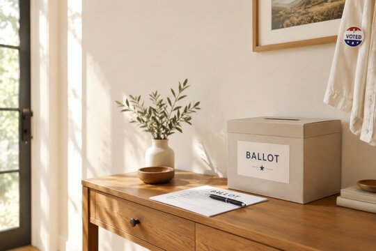 Ballot box and paper ballot on entryway console, home voting and civic duty concept