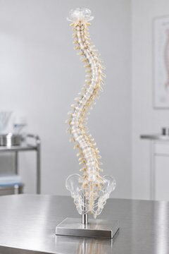 Translucent anatomical model of human spine with lateral S-curve on steel table, scoliosis and medical education concept