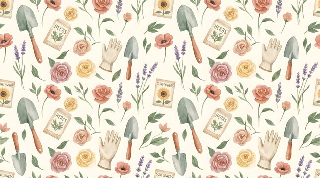 Seamless pattern of watercolor gardening tools and flowers on cream background
