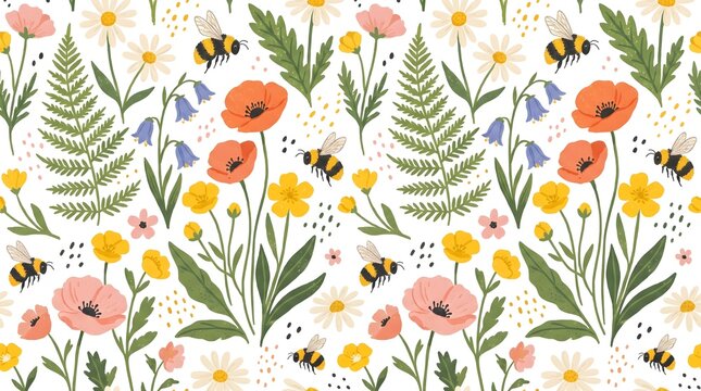 Seamless pattern with bumblebees and spring wildflowers on white background