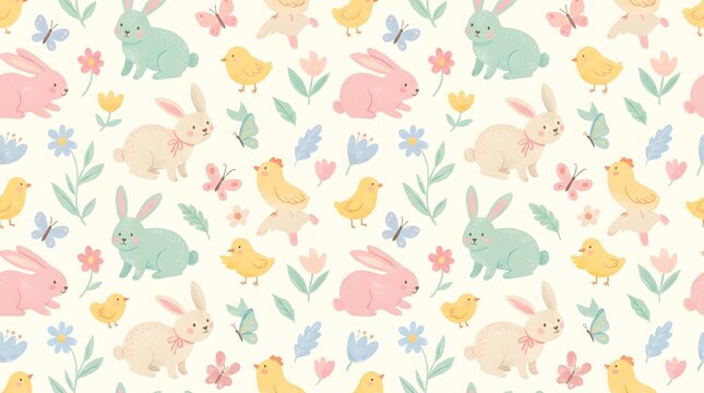 Seamless pattern with cute bunnies chicks and flowers for spring design