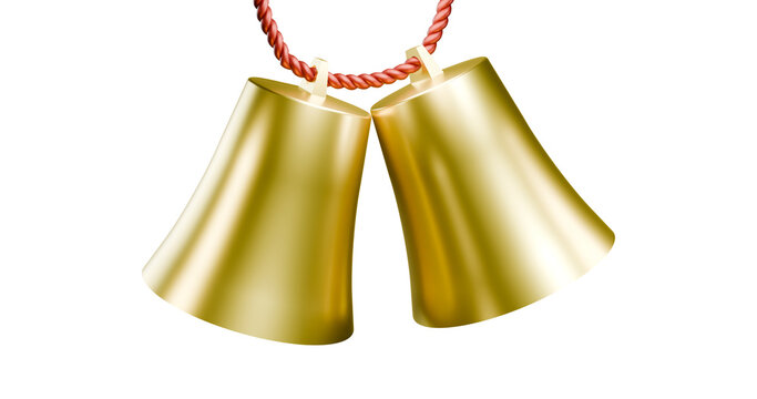 Bells hanging with red rope gold metallic texture in a transparent background