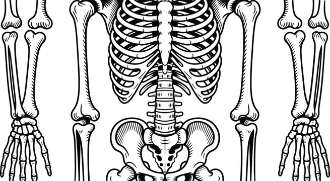 Human skeleton torso and arms in detailed line art with clean white background for medical or educational concepts