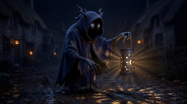 Spooky hooded fantasy creature holding glowing lantern on dark cobblestone village street with jack o lanterns for Halloween background