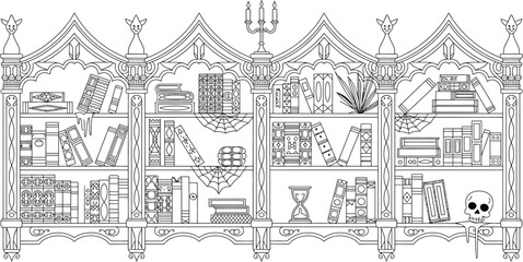 Obraz premium Ornate Gothic Bookshelf filled with old books and spooky elements during Halloween