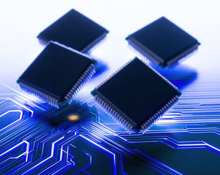 Circuit board with levitating black microchips and glowing blue traces, high-tech electronic components for a hardware mockup