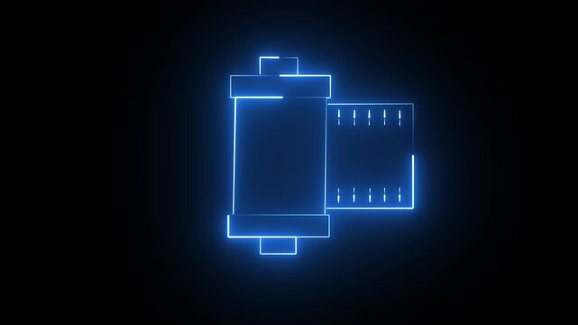 Glowing blue neon light outline of a 35mm camera film roll icon on a solid dark black background
