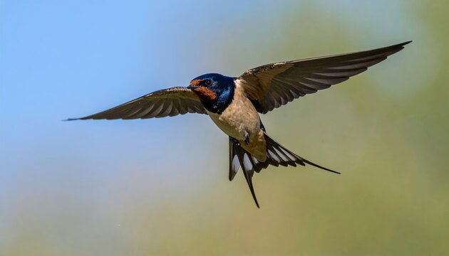 Barn swallow flying overhead with detailed wing plumage and long forked tail