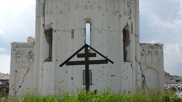 View to destroyed church at Kharkivska oblast. Ruined building after bomb attacks on ukrainian territory from russia army. Consequences of russian invasion of Ukraine. Slow motion