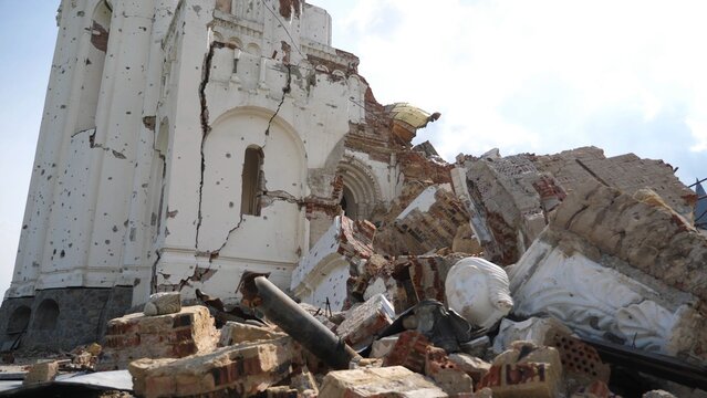 View to destroyed church at Kharkivska oblast. Ruined building after bomb attacks on ukrainian territory from russia army. Consequences of russian invasion of Ukraine. Slow motion