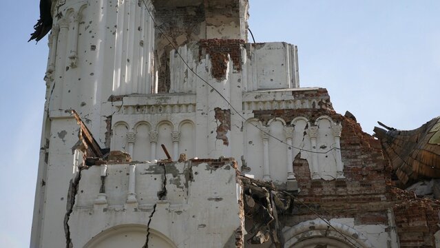 View to destroyed church at Kharkivska oblast. Ruined building after bomb attacks on ukrainian territory from russia army. Consequences of russian invasion of Ukraine. Slow motion