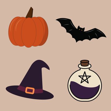 Halloween Vector Icon Set: Pumpkin, Bat, Witch Hat and Magic Potion Bottle Flat Illustration
