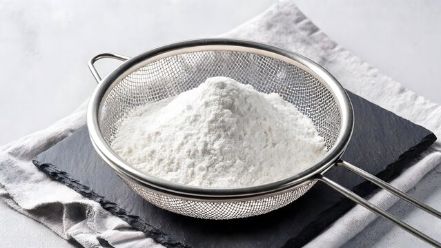 Sifted White Flour in a Metal Sieve on Slate Board