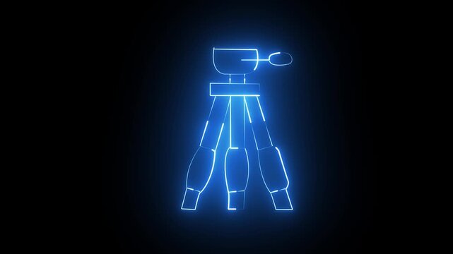 Glowing blue neon light icon of a camera tripod stand against a dark black background