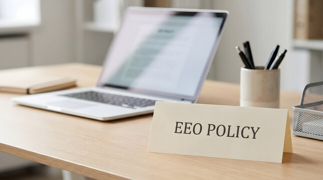 A card with eeo policy text displayed on a wooden office desk next to a laptop computer