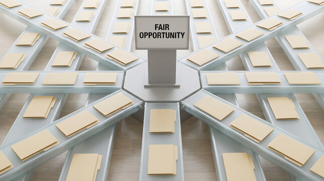 A conceptual 3d illustration depicting fair opportunity and eeo principles in modern business and recruitment processes