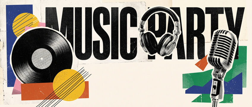 Retro music party Banner, social media cover, website header deign with vintage vinyl record, headphones, microphone, and geometric shapes on a textured paper collage background with copyspace