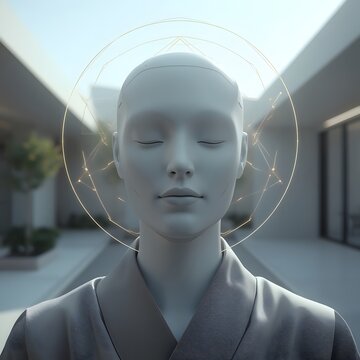portrait of a young man, Futuristic Cyborg Monk Head with Sacred Geometry Halo in Zen Temple,  cyborg, artificial intelligence, android, futuristic, robot, zen, meditation, sacred geometry, ha