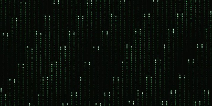 Green digital matrix code falling down on dark screen background