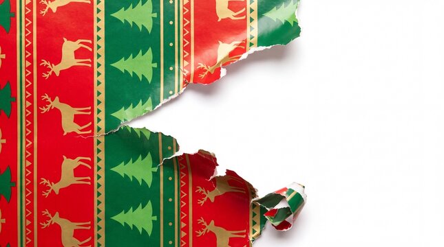 A ripped roll of vibrant red and green Christmas wrapping paper featuring reindeer and tree patterns, revealing a stark white background, ideal for festive holiday designs.