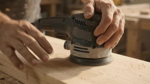 Close up of a carpenter hands sanding a wooden board in a workshop