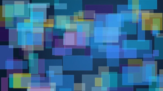 Abstract digital background with overlapping translucent blue and green squares and rectangles creating a modern geometric design