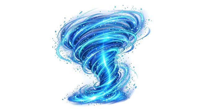 Blue swirling tornado storm icon with dynamic wind motion and glowing energy effects isolated on a white background