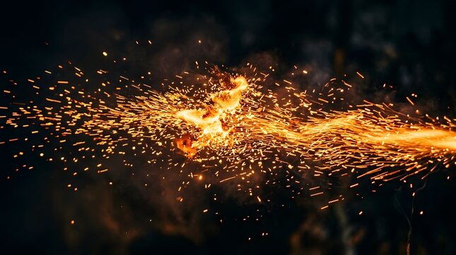 Bright orange fire sparks and glowing embers flying in the air isolated on a black background