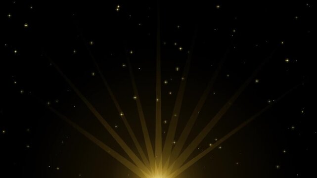 Golden light burst background with sparkling stars. Features glowing sun rays rising upward on black night sky. Decorative vector illustration for celebration and festive holiday events.